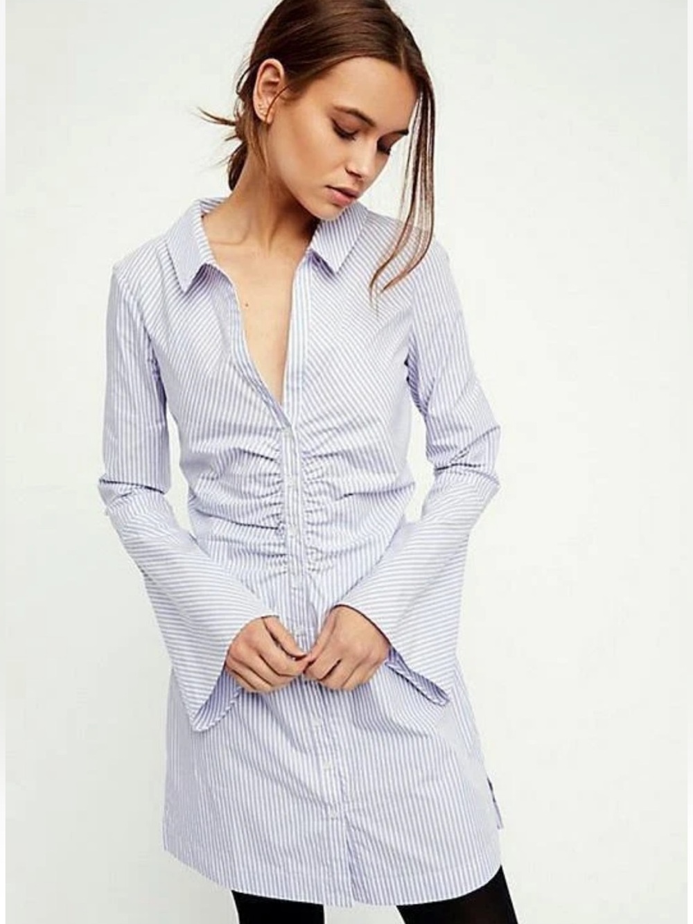 Free People Liv Striped Ruched Bell Sleeve Dress